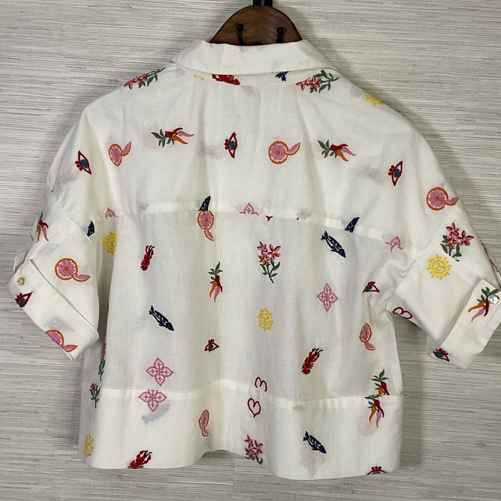 Caroline Constas White Crop Button Up Embroidered Top Med Summer Print Linen - Picture 9 of 13